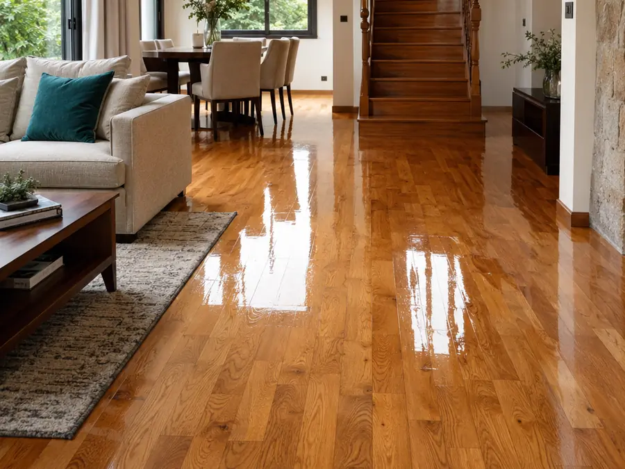 Interior de un chalet con suelo de madera barnizado