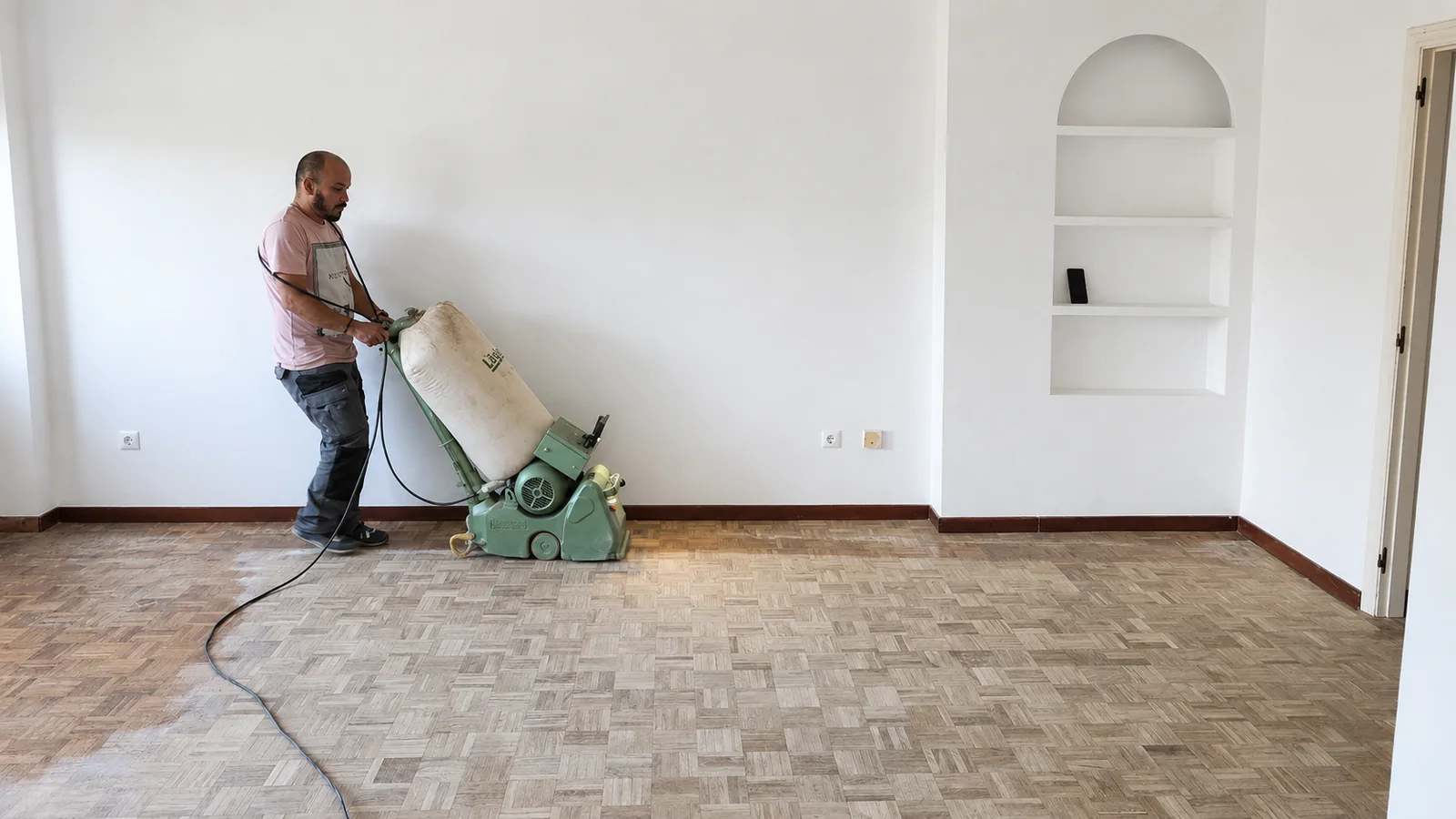 Profesional lijando un suelo de parquet con maquinaria conectada a un sistema de aspiración