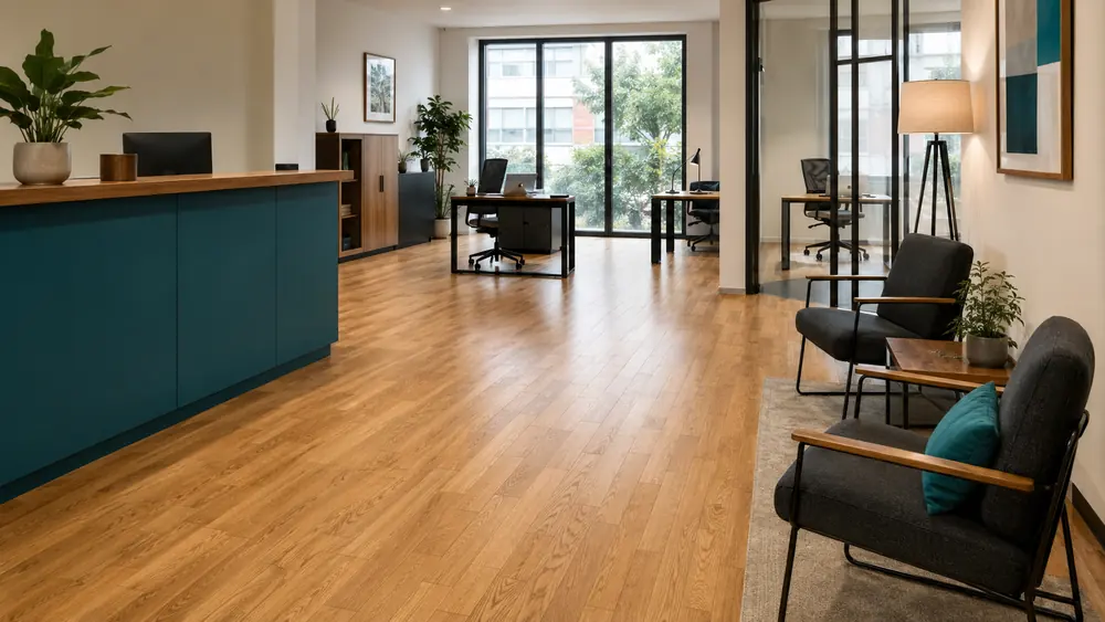 Oficina luminosa con suelo de parquet