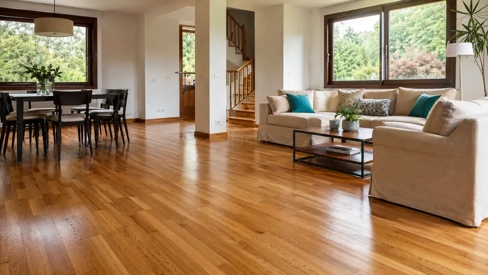 Salón y comedor de una vivienda con suelo de parquet