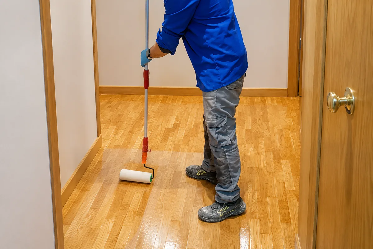 Profesional aplicando barniz con rodillo sobre un suelo de parquet